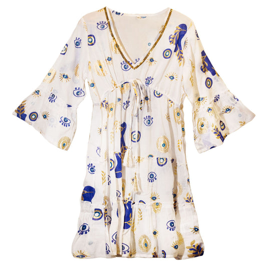 Nomad Sari On the Med Collection - Dress - White, Blue & Gold Evil Eye