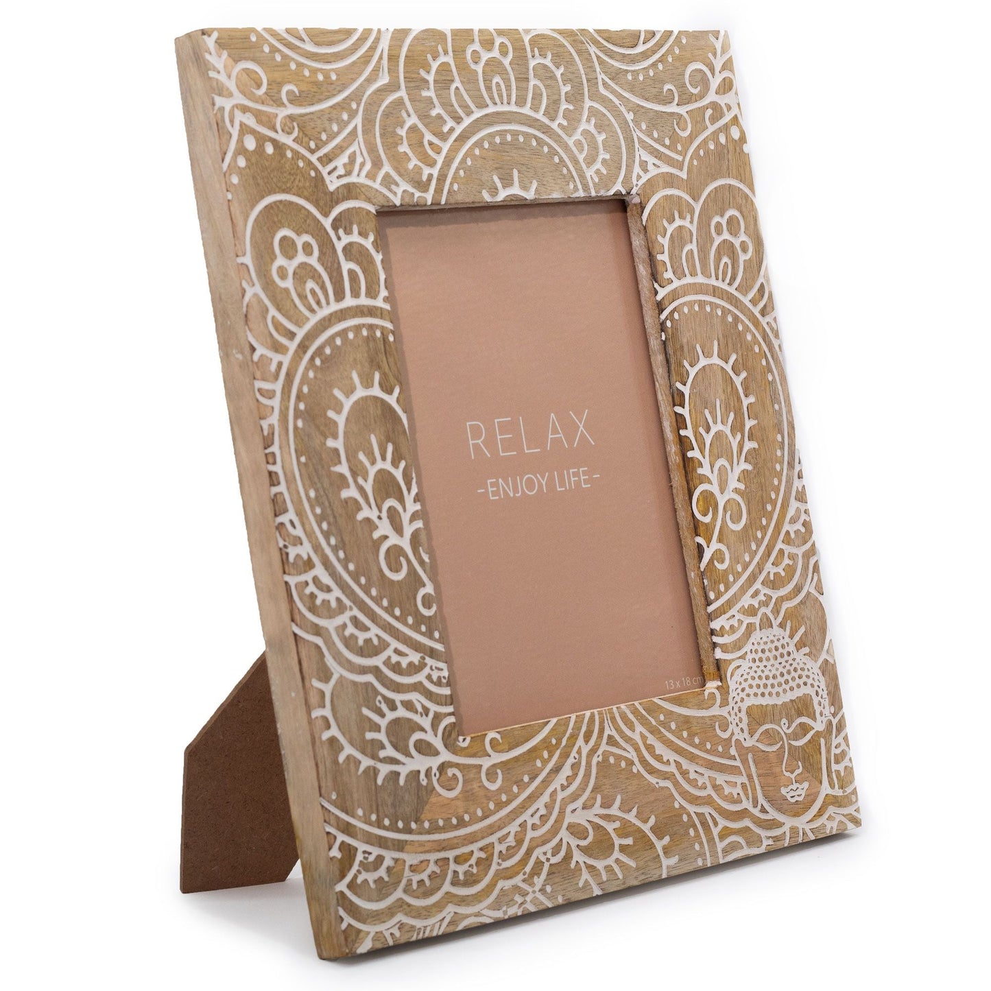 Nagy mangófa képkeret - 28 × 23 × 2 cm – Buddha – fehér (13 × 18 cm-es képhez)
