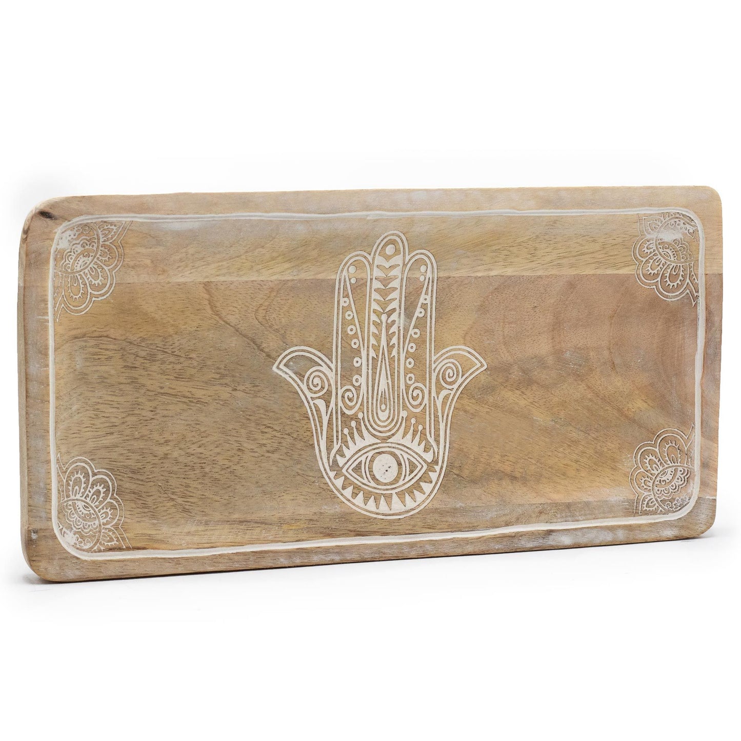 Hosszú Tálca 30 × 15 × 2,5 cm – Hamsa Design – fehérre súrolt