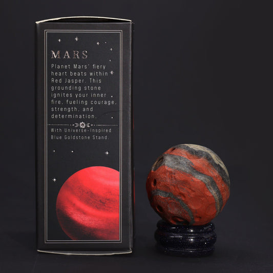 Mars - vörös jáspis - kék aventurin állványon – 40 mm (30 × 15 mm állvány)