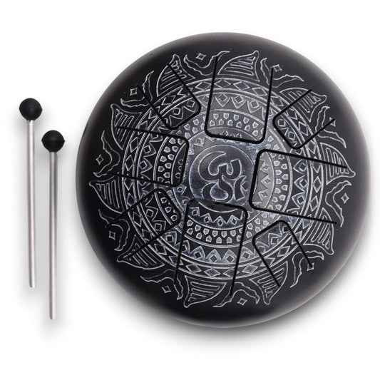 Acélnyelv dob – vésett OM mandala, 22 × 15 cm