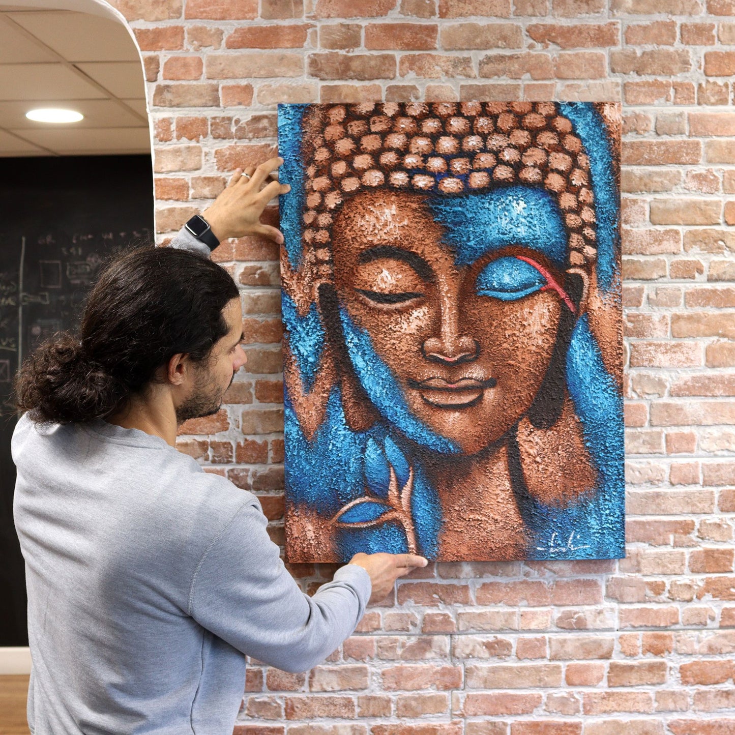 Buddha Festmény – Ezüst és Rózsaszín Virág 75 × 55 cm