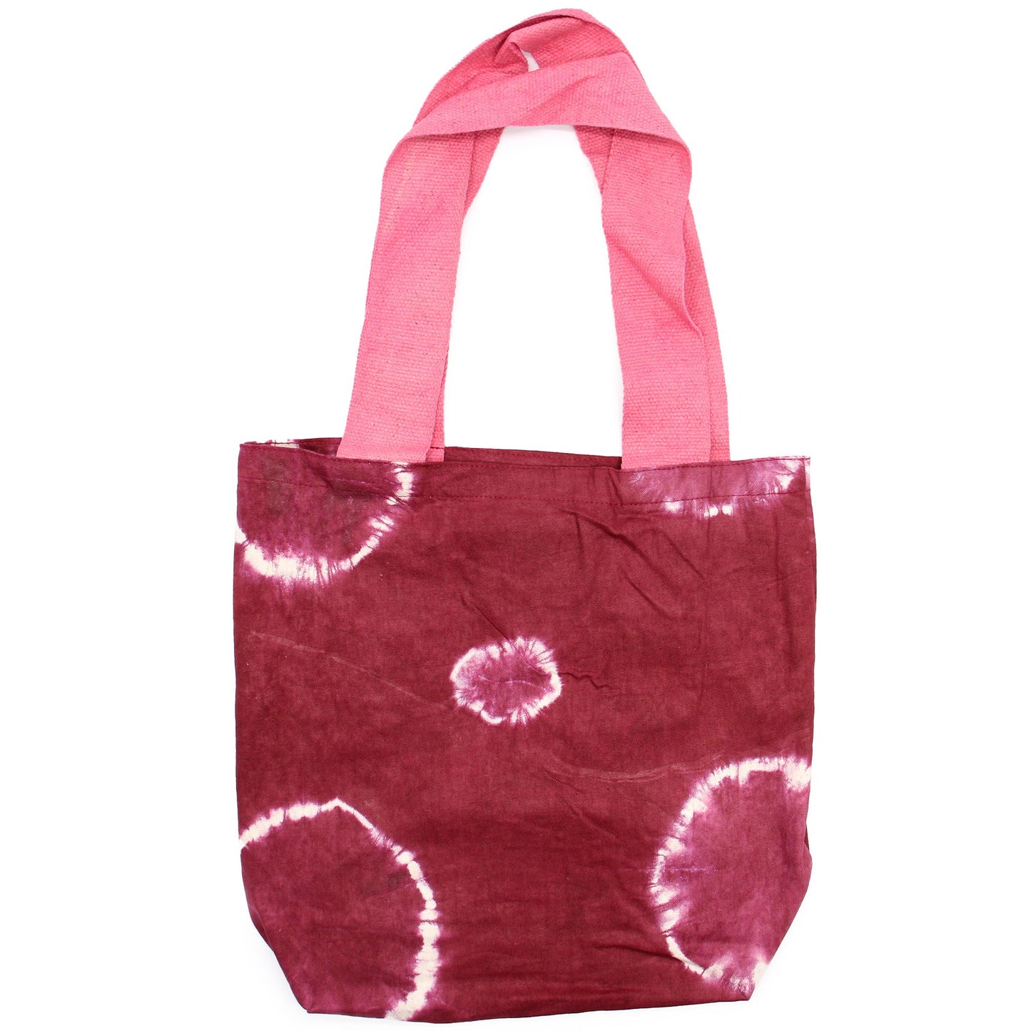 Natúr batikos pamuttáska (8 oz) – 38 × 42 × 12 cm – Bordó karikák – Rózsaszín fogantyú