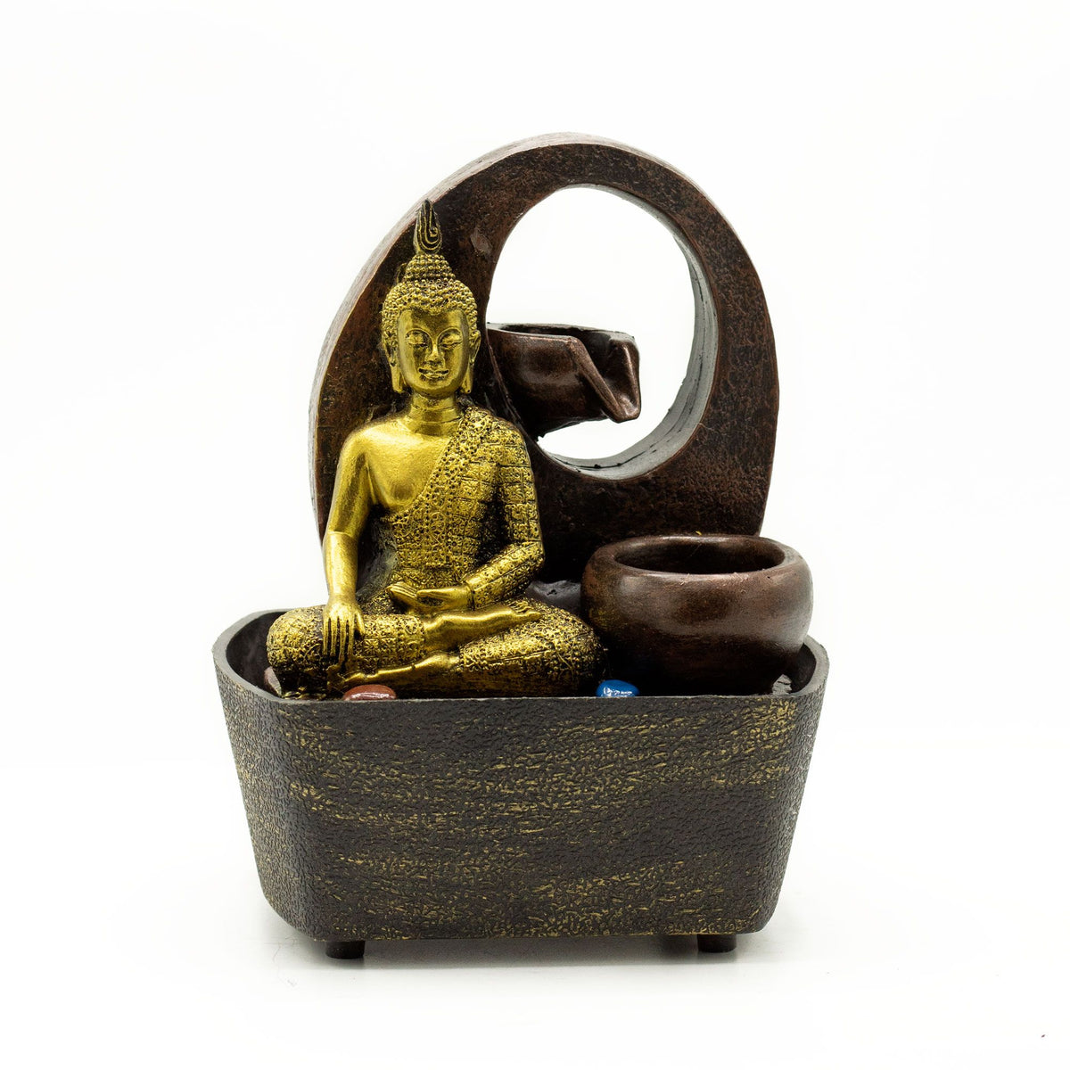 Szoba-asztali szökőkút – 21,5 cm – Arany Buddha és cserepek