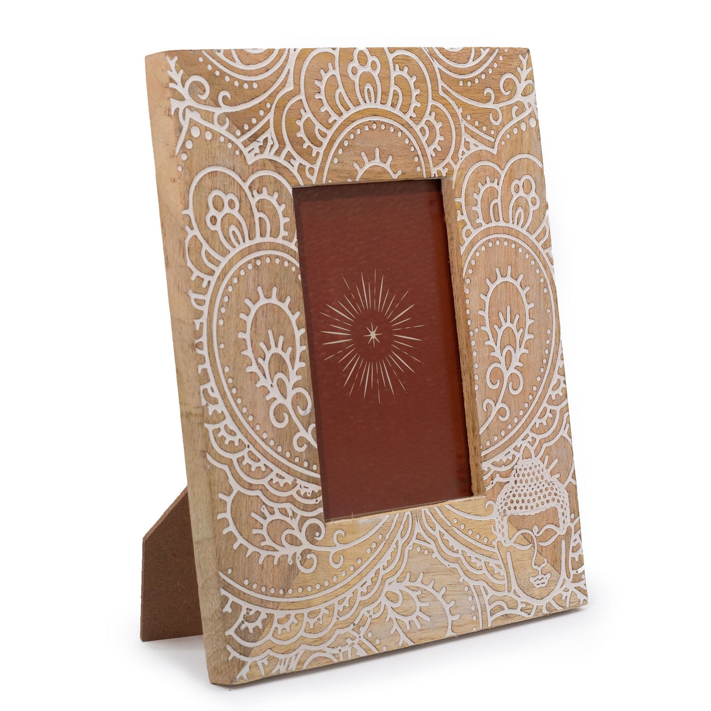 Közepes mangófa képkeret – 10 × 15 cm-es képhez, 26 × 20 × 2 cm – Buddha – fehér