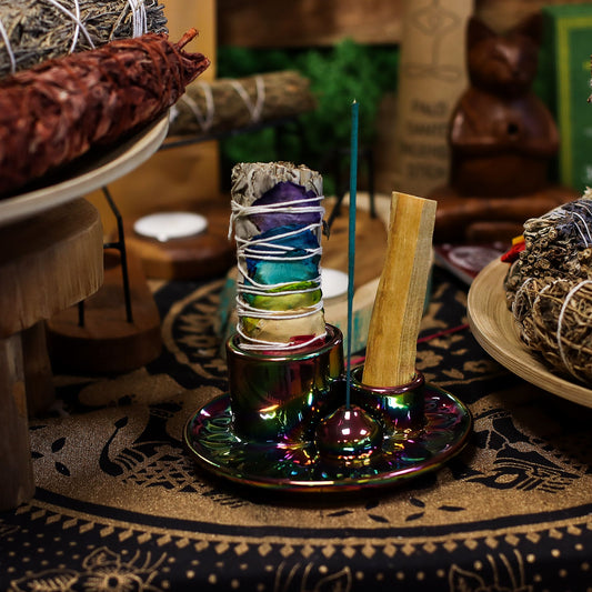 Palo Santo füstölő és tartó - Mandala - Szivárvány metál