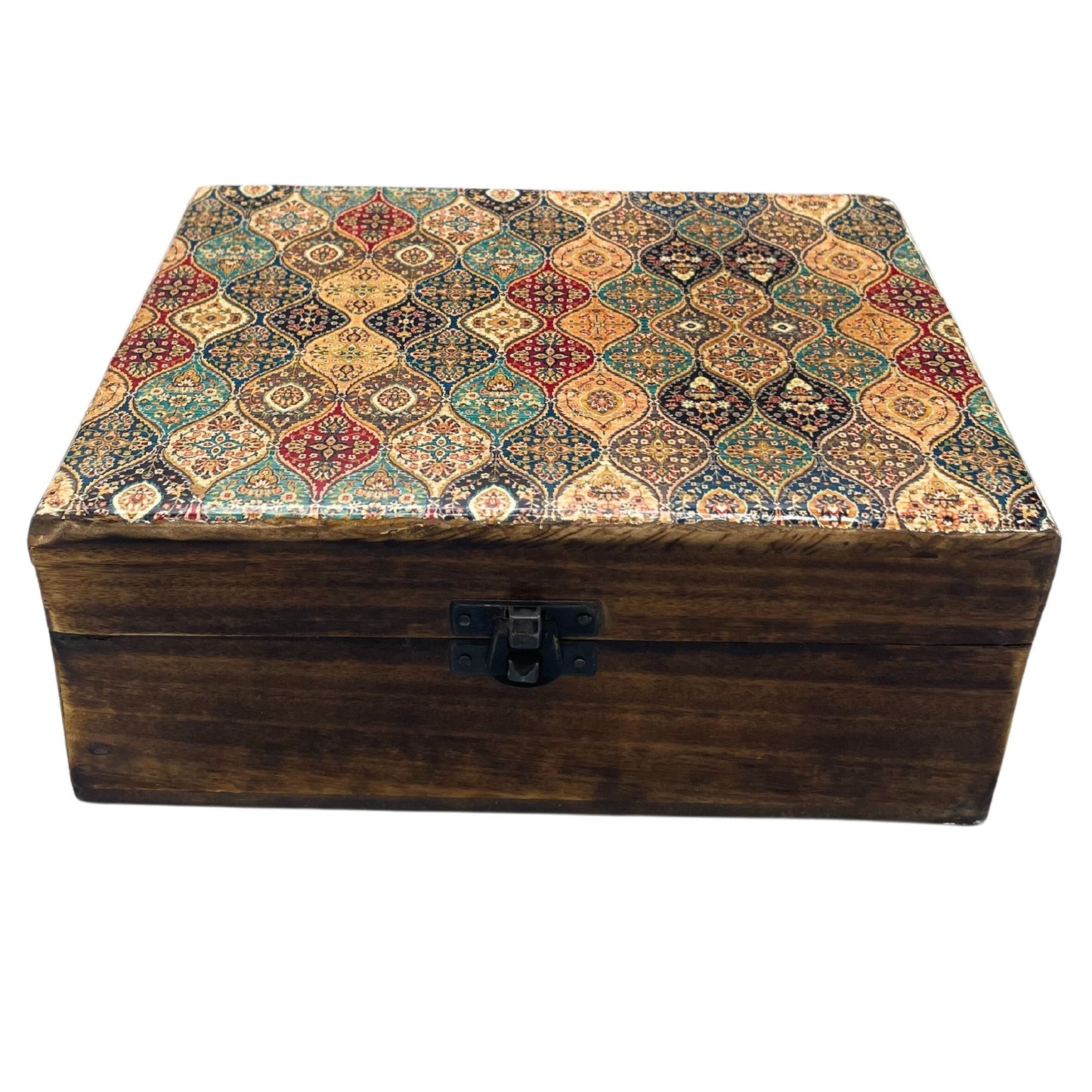 Nagy, mázas kerámia fadoboz – 20 × 15 × 7,5 cm – Hagyományos mintával