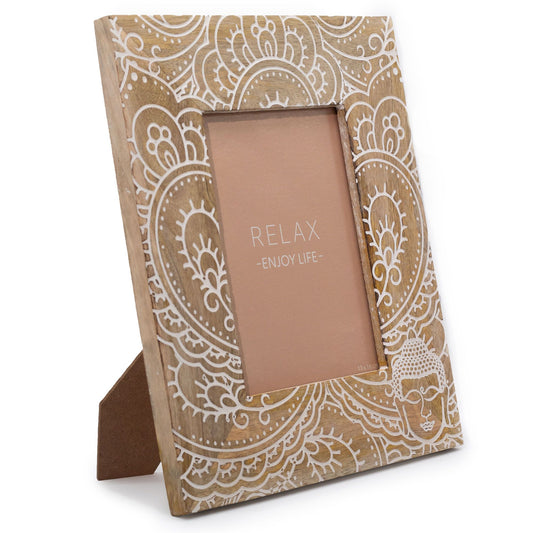 Nagy mangófa képkeret – 13 × 18 cm-es képhez, 28 × 23 × 2 cm – Buddha – fehér