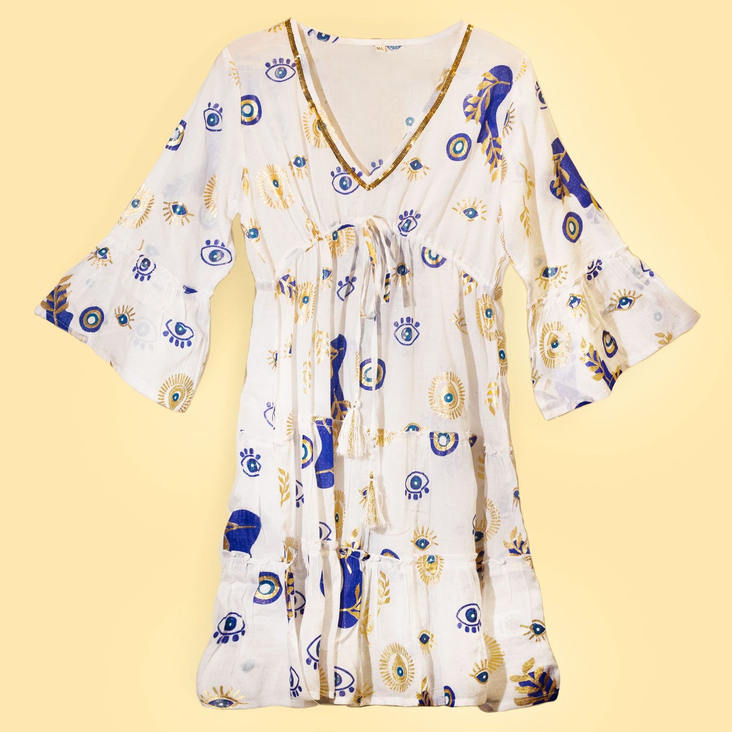 Nomad Sari – On the Med kollekció – ruha – fehér-kék-arany szemmotívum (L/XL)