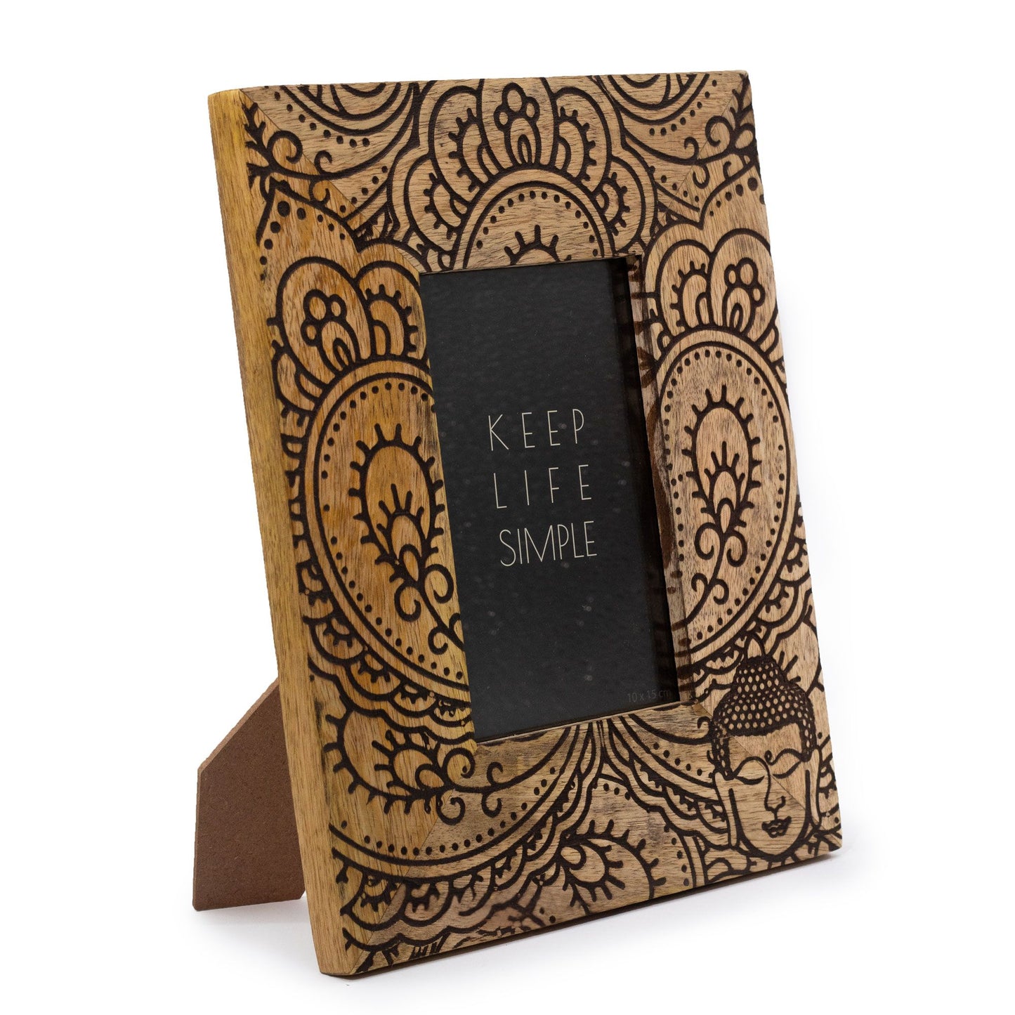 Közepes mangófa képkeret – 10 × 15 cm-es képhez, 26 × 20 × 2 cm – Buddha – fekete