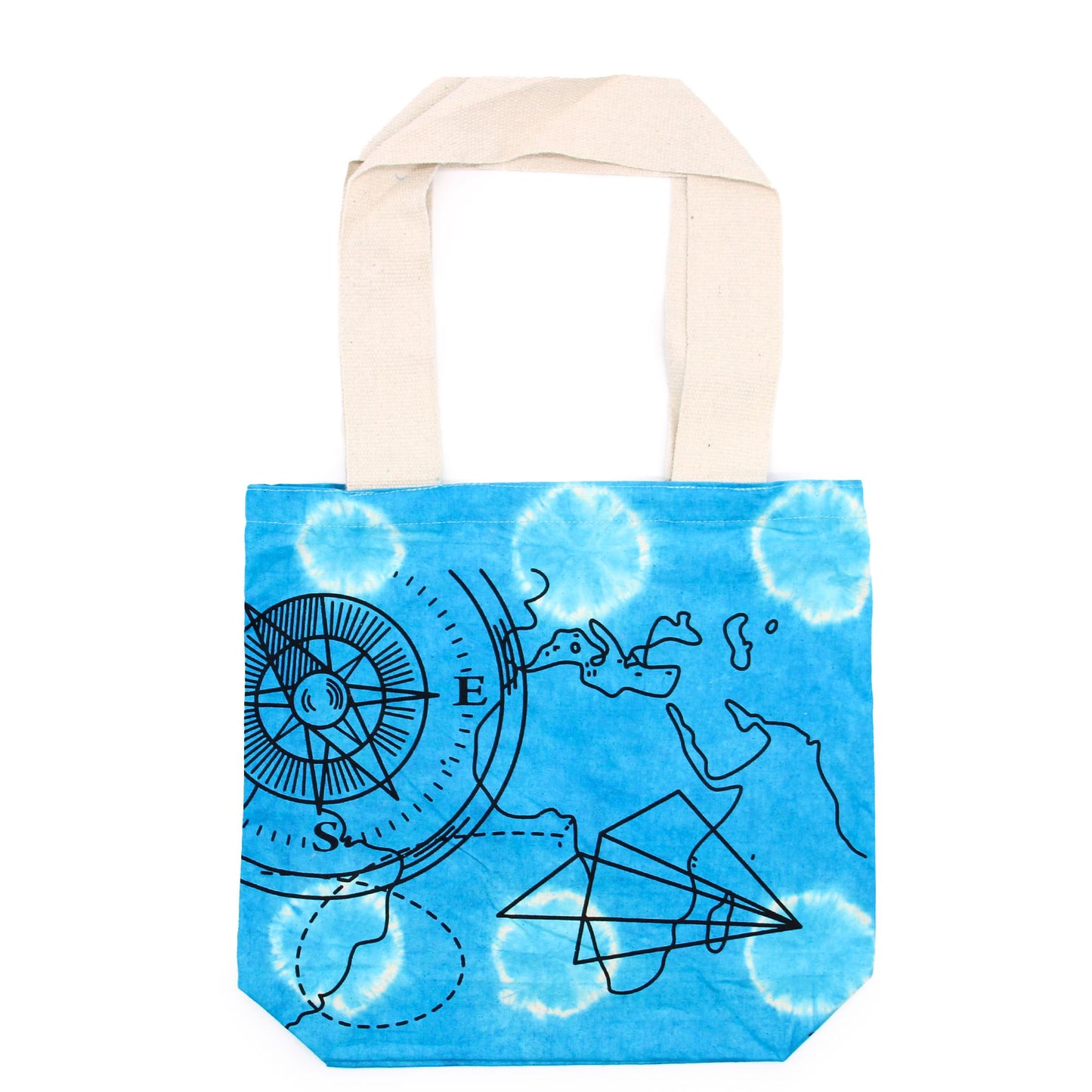 Batikolt pamuttáska (6 oz) – 38 × 42 × 12 cm – Iránytű – Kék – Natúr fogantyú