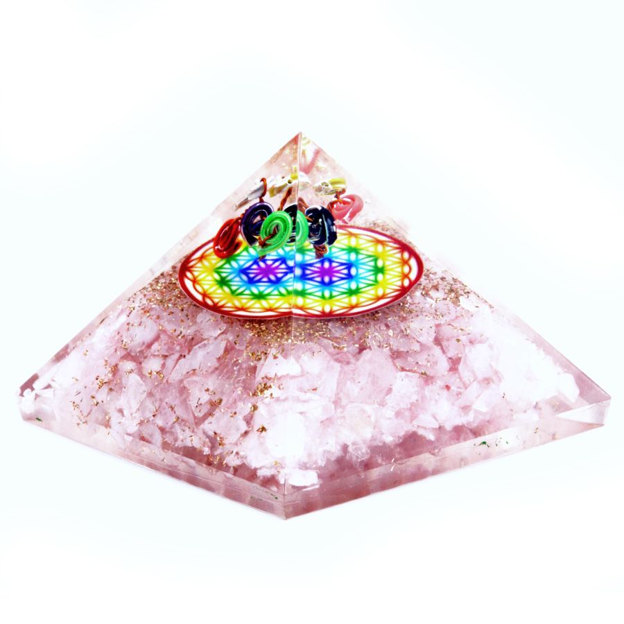 Orgonit piramis – rózsakvarc Szivárvány – élet virága – 70 mm