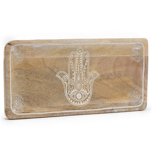 Hosszú Tálca 30 × 15 × 2,5 cm – Hamsa Design – fehérre súrolt