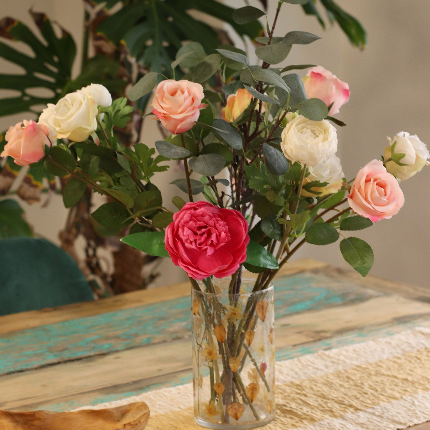 Natúr virágos üveg gyertyatartó – magas váza – Rose (19 × 11 cm)