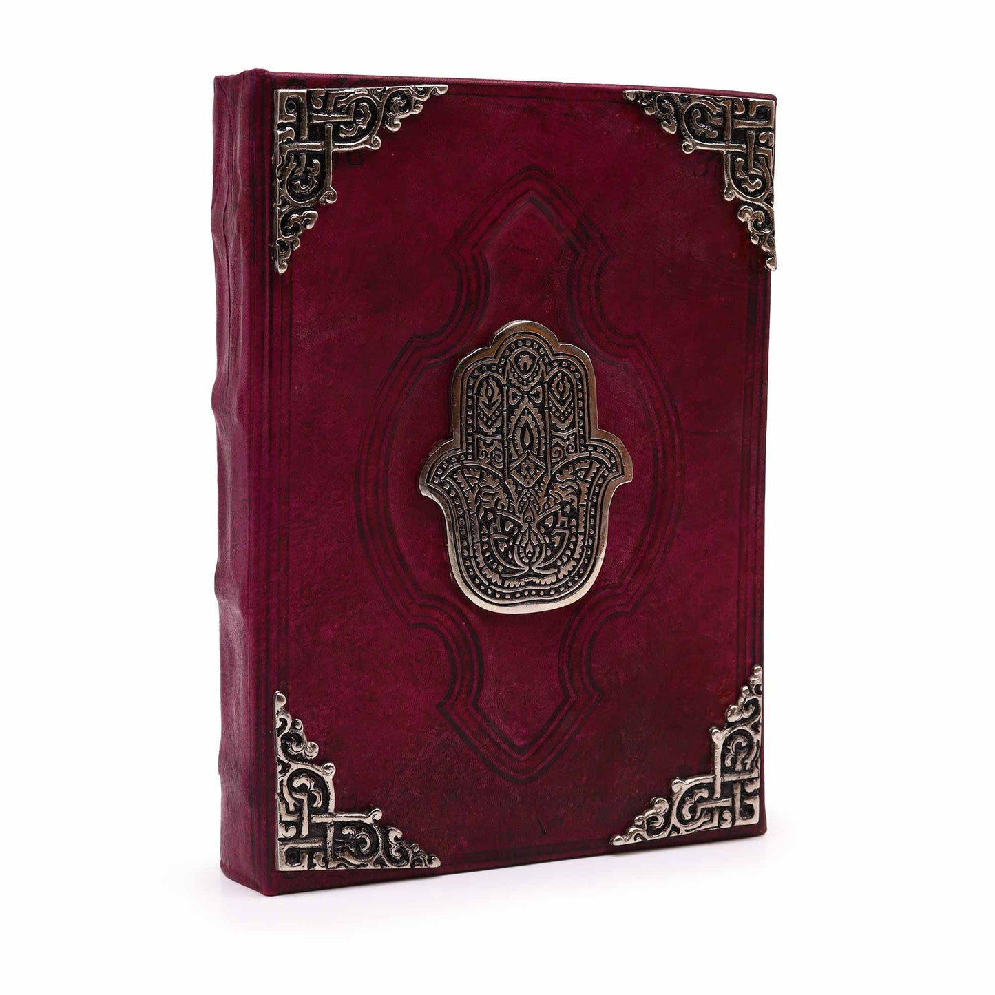 Vastag vörösesbarna napló – cink Hamsa dekoráció, 200 oldal, tépett szélű lapok – 26 × 18 cm
