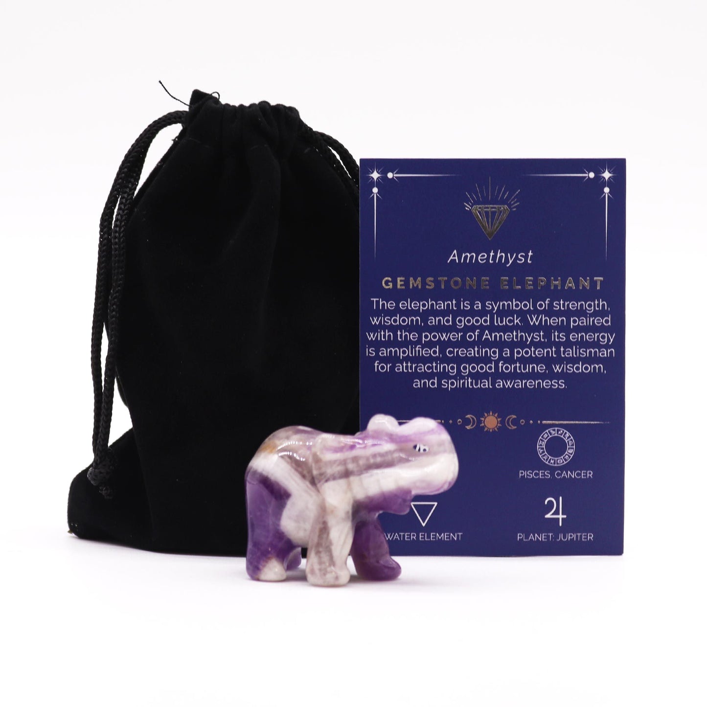 Szerencsehozó elefánt figura drágakőből – ametiszt 50 × 35 × 25 mm