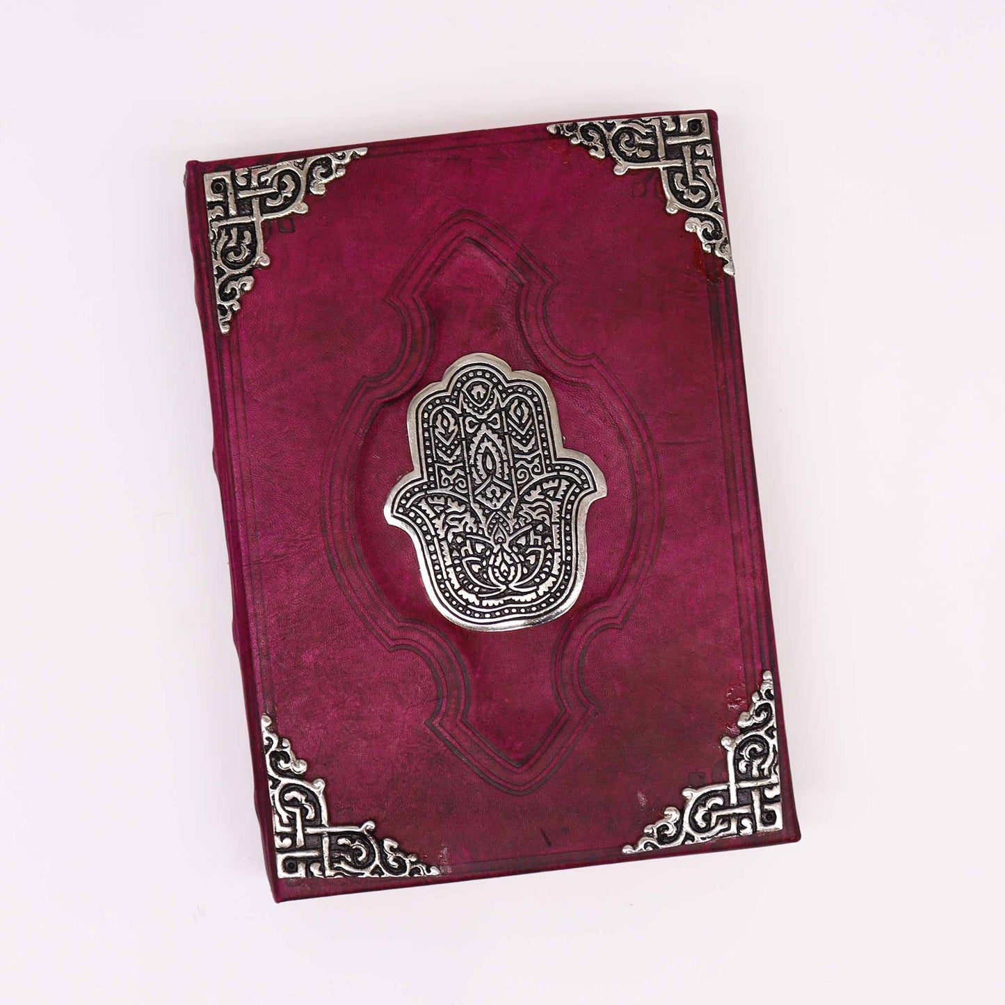 Vastag vörösesbarna napló – cink Hamsa dekoráció, 200 oldal, tépett szélű lapok – 26 × 18 cm