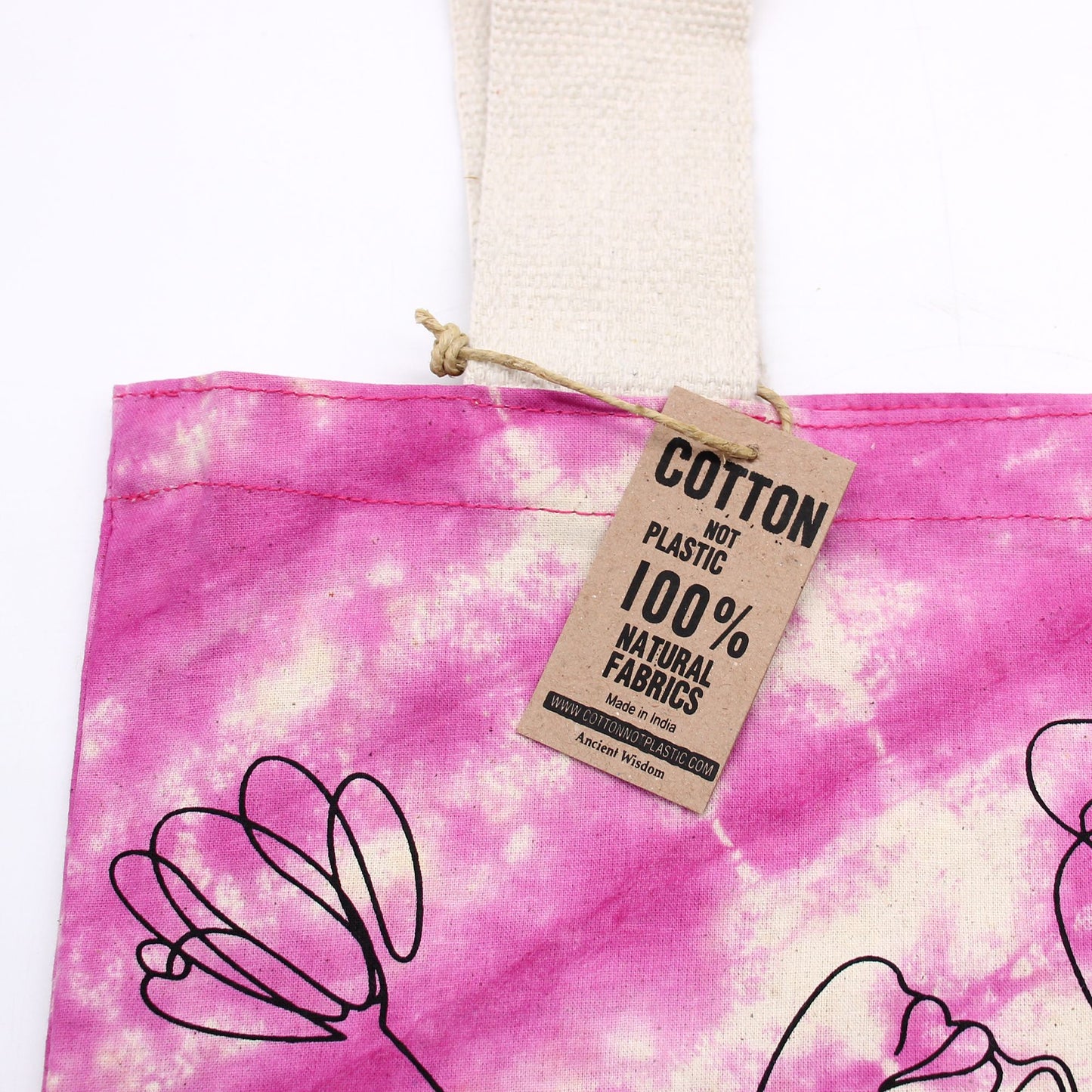 Batikolt pamuttáska (6 oz) – 38 × 42 × 12 cm – Mandala – magenta – Fekete fül