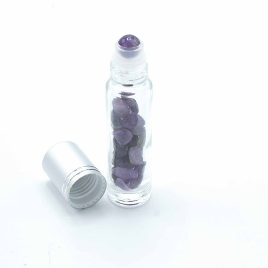 Drágakő illóolaj roll-on üveg – Ametiszt – Ezüst kupak + drágakő roll-on golyó 5 ml-es üveghez – Ametiszt