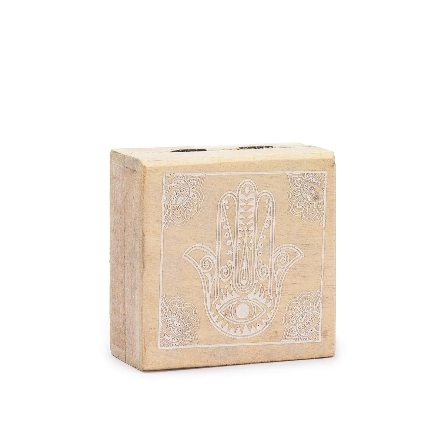Kis négyzet alakú doboz 10 × 10 × 4,2 cm – Hamsa fehérre meszelve