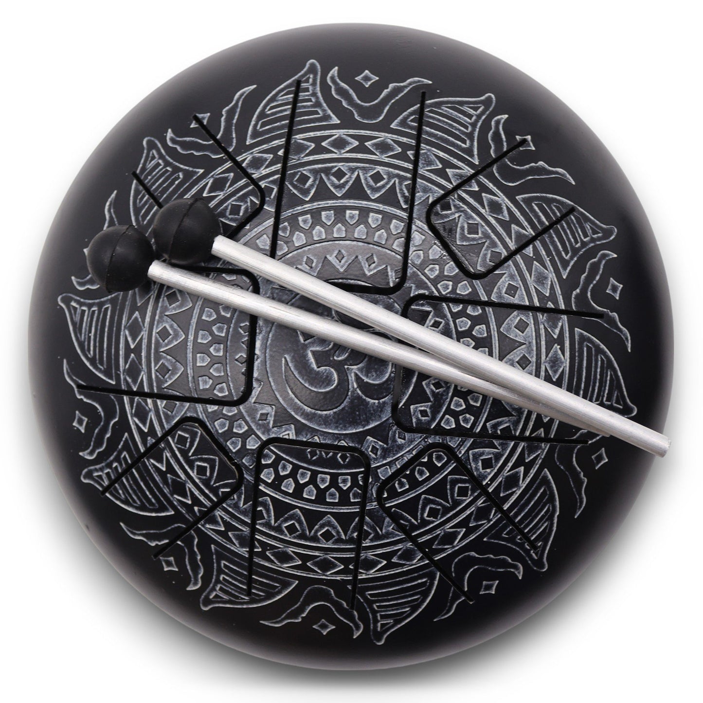 Acélnyelv dob – vésett OM mandala, 22 × 15 cm