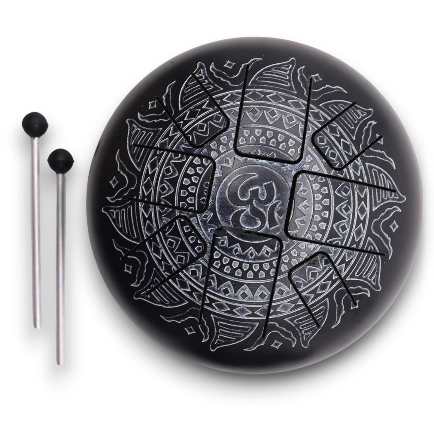 Acélnyelv dob – vésett OM mandala, 22 × 15 cm