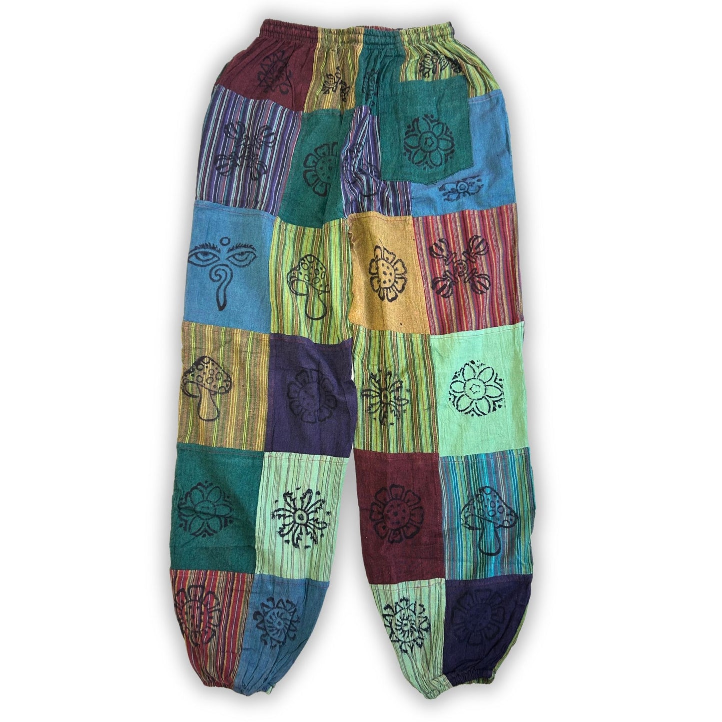Nomad Sari gombanadrág – blokknyomásos minta – zöld tónusok (105 × 127 cm) S/M