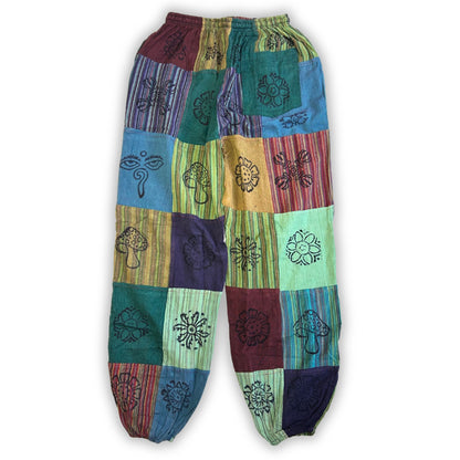 Nomad Sari gombanadrág – blokknyomásos minta – zöld tónusok (105 × 127 cm) S/M