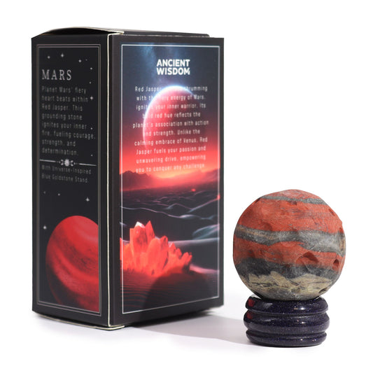 Mars - vörös jáspis - kék aventurin állványon – 40 mm (30 × 15 mm állvány)