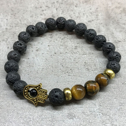 Lávakő Karkötő – Hamsa és tigrisszem