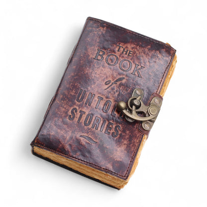 Vastag bőrkötésű napló – The Book of Untold Stories – 15 × 10 cm
