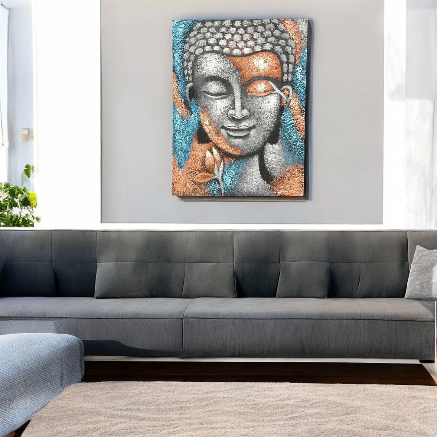 Buddha Festmény – Ezüst és Rózsaszín Virág 75 × 55 cm