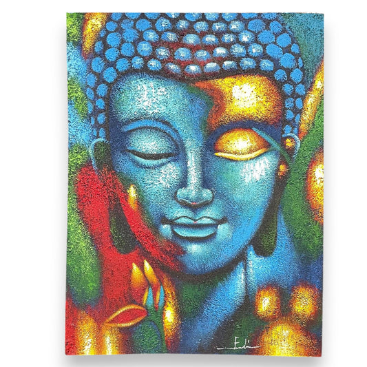Buddha festmény – kék és arany virág, 75 × 55 cm
