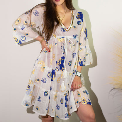 Nomad Sari – On the Med kollekció – ruha – fehér-kék-arany szemmotívum (L/XL)