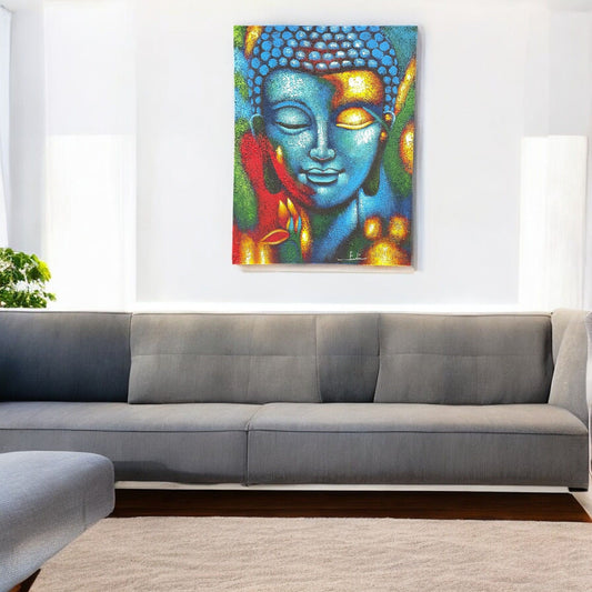 Buddha festmény – kék és arany virág, 75 × 55 cm