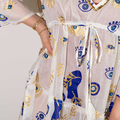 Nomad Sari – On the Med kollekció – ruha – fehér-kék-arany szemmotívum (L/XL)
