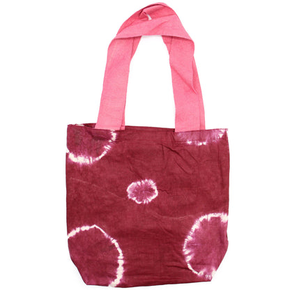 Natúr batikos pamuttáska (8 oz) – 38 × 42 × 12 cm – Bordó karikák – Rózsaszín fogantyú