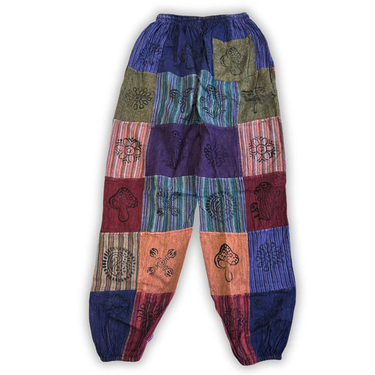 Nomad Sari gombanadrág – blokknyomásos minta – lila tónusok (110 × 120 cm) L/XL
