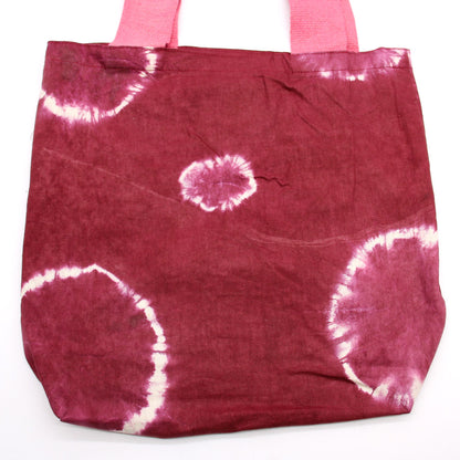 Natúr batikos pamuttáska (8 oz) – 38 × 42 × 12 cm – Bordó karikák – Rózsaszín fogantyú