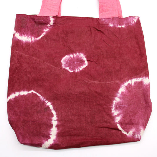 Natúr batikos pamuttáska (8 oz) – 38 × 42 × 12 cm – Bordó karikák – Rózsaszín fogantyú
