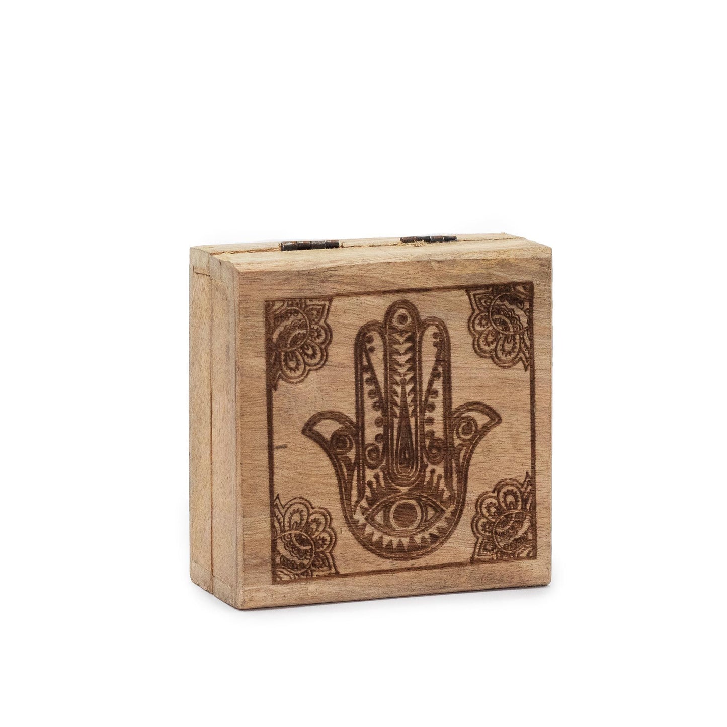 Kis négyzet alakú doboz 10 × 10 × 4,2 cm – Fekete gravírozott Hamsa