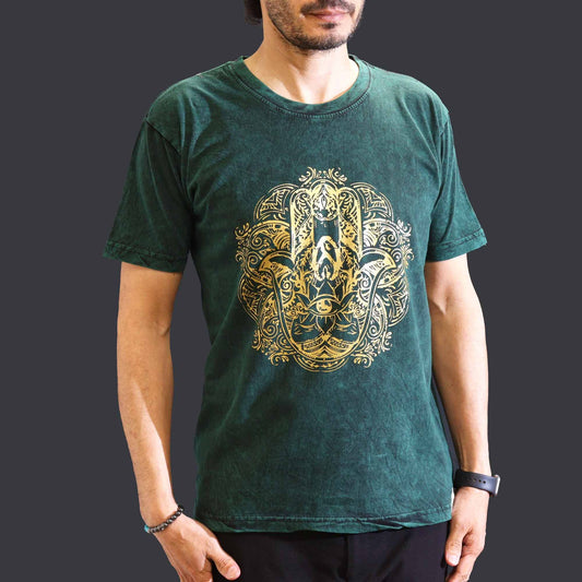 Kővel Mosott Póló, M méret – Hamsa – Zöld