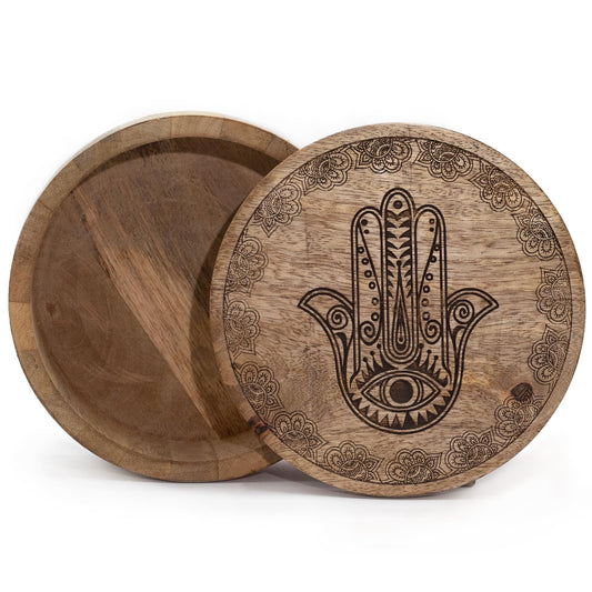 Nagy kerek doboz 17,5 × 7,5 cm – Fekete gravírozott Hamsa