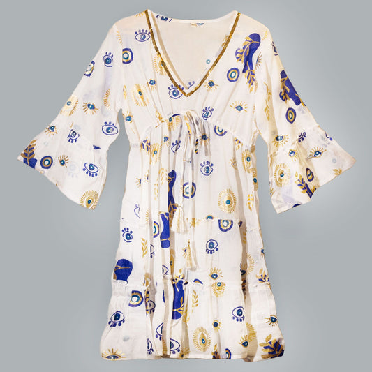 Nomad Sari – On the Med kollekció – ruha – fehér-kék-arany szemmotívum (L/XL)