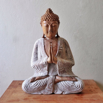 Kézműves Buddha Szobor – 40 cm Üdvözlő – fehérre súrolt