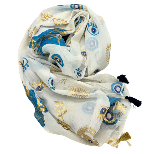 Nomad Sari – On the Med kollekció – pareó – fehér-kék-arany szemmotívum