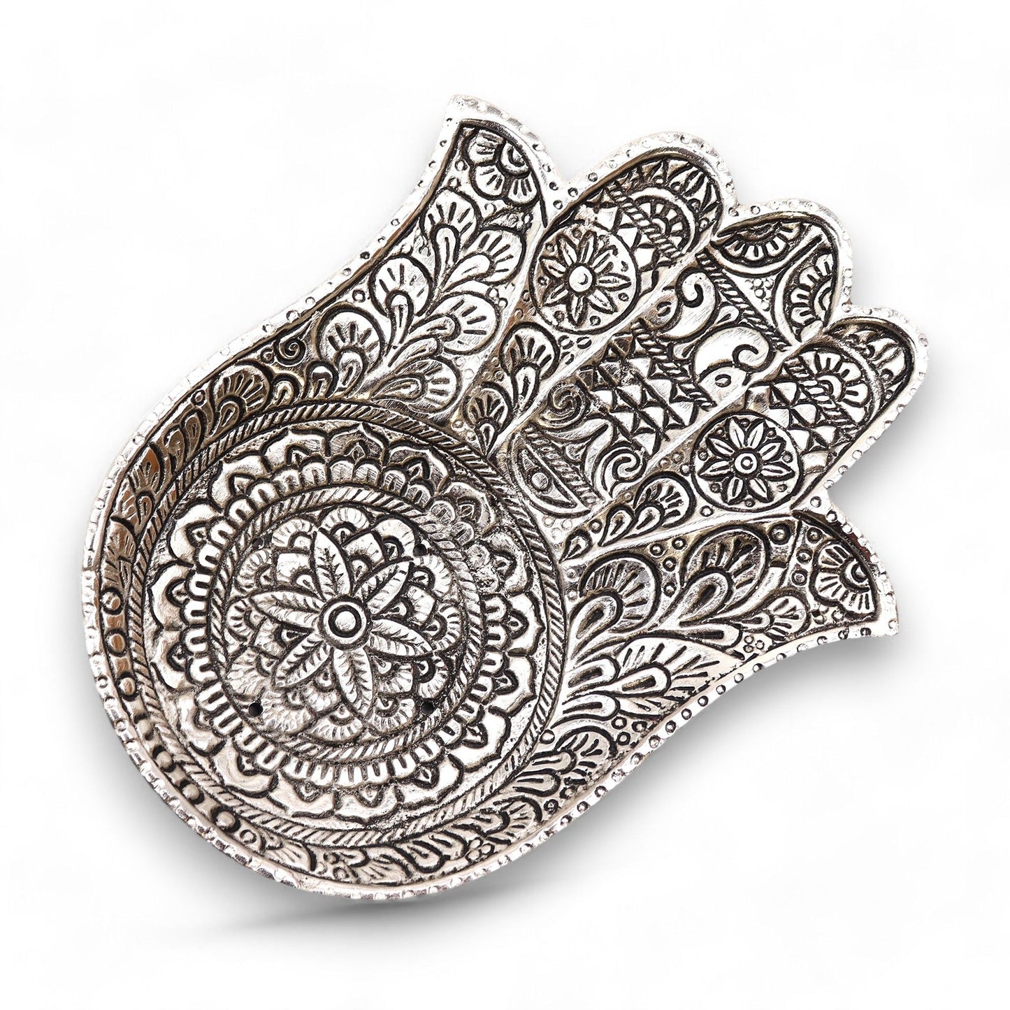 Nagy polírozott alumínium Hamsa füstölőtartó 18 × 13 cm