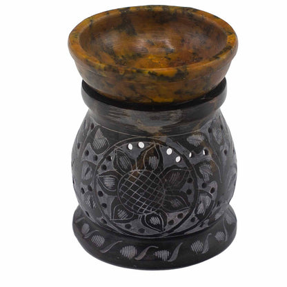 Szappankő aromalámpa 10 cm – mandala virág – fekete-sárga