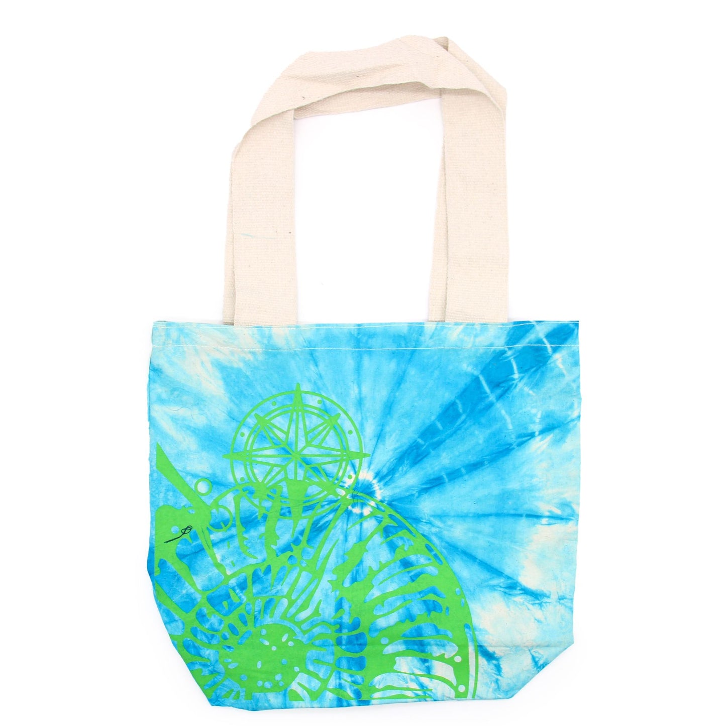 Batikolt pamuttáska (6 oz) – 38 × 42 × 12 cm – Kagyló – Kék/zöld – Zöld fogantyú