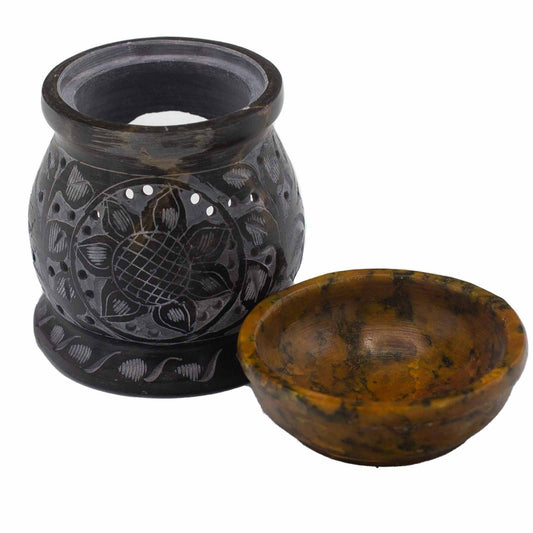 Szappankő aromalámpa 10 cm – mandala virág – fekete-sárga